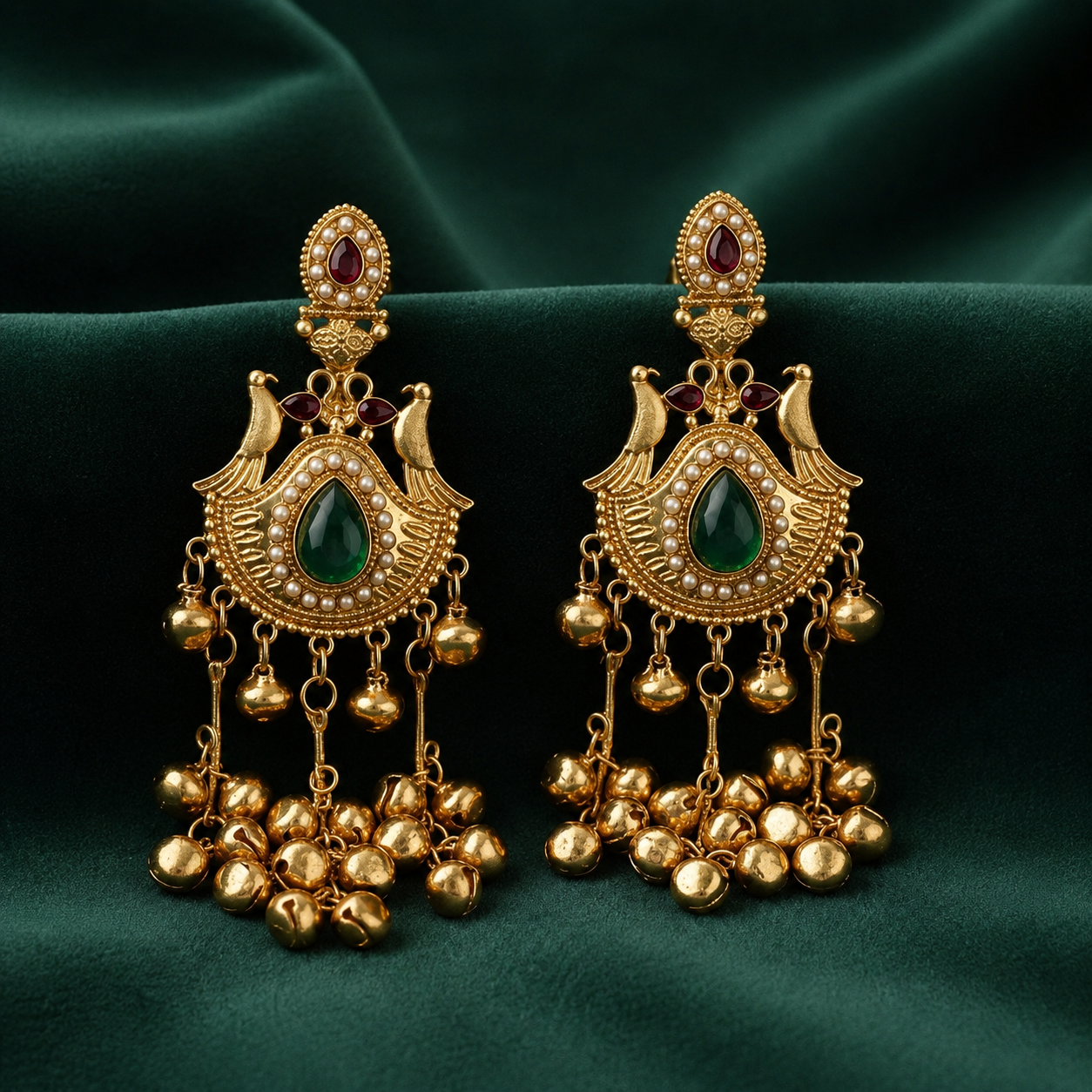 Traditional Antique Gold-Tone Green Stone Jhumka Earrings