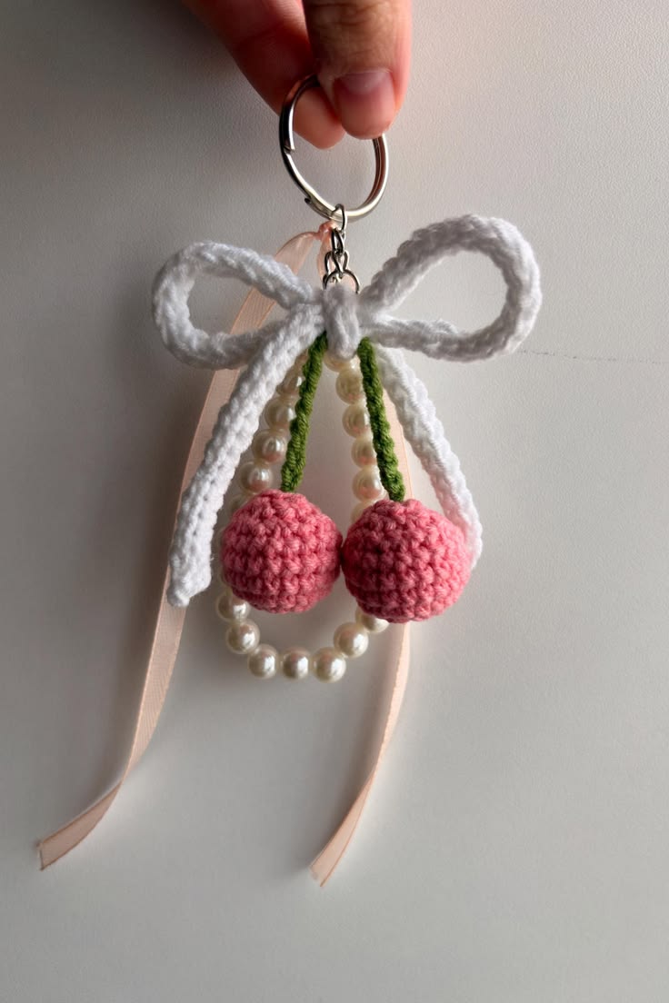 Handmade Crochet Cherry & Pearl Bag Charm Keychain