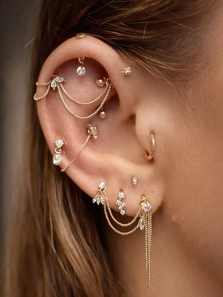 Luxury Gold-Tone Multi-Piercing Ear Cuff & Chain Earrings Set