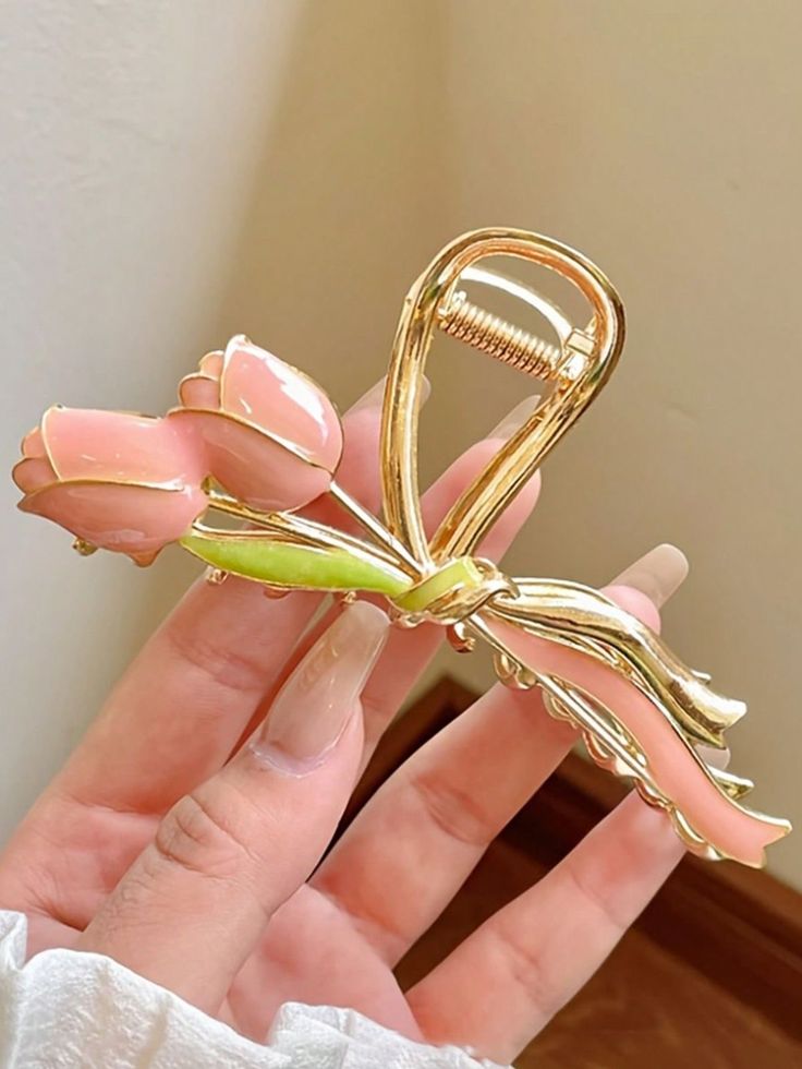 Elegant Gold Bow & Pink Flower Hair Claw Clip